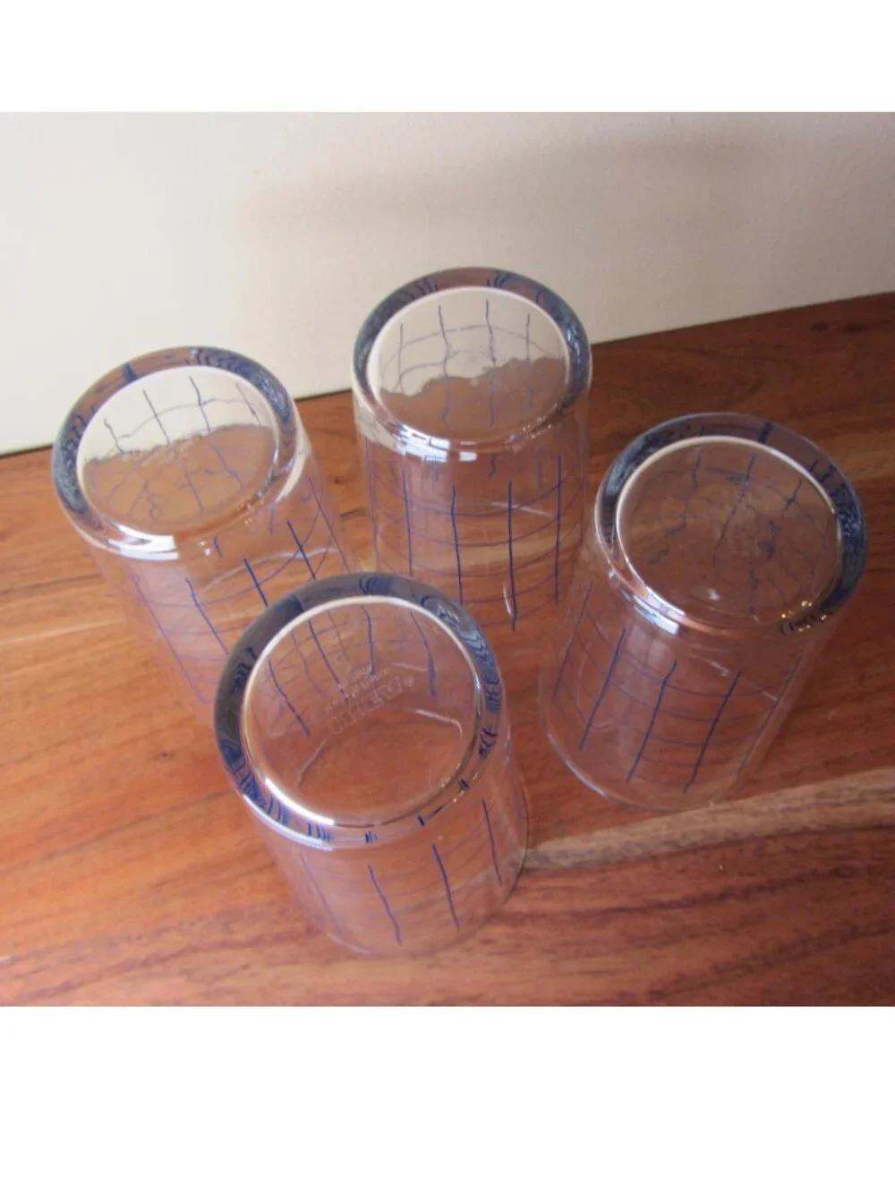 IKEA SPORADISK tumbler glass vintage blue check grid pattern - set of 4 (W6586)